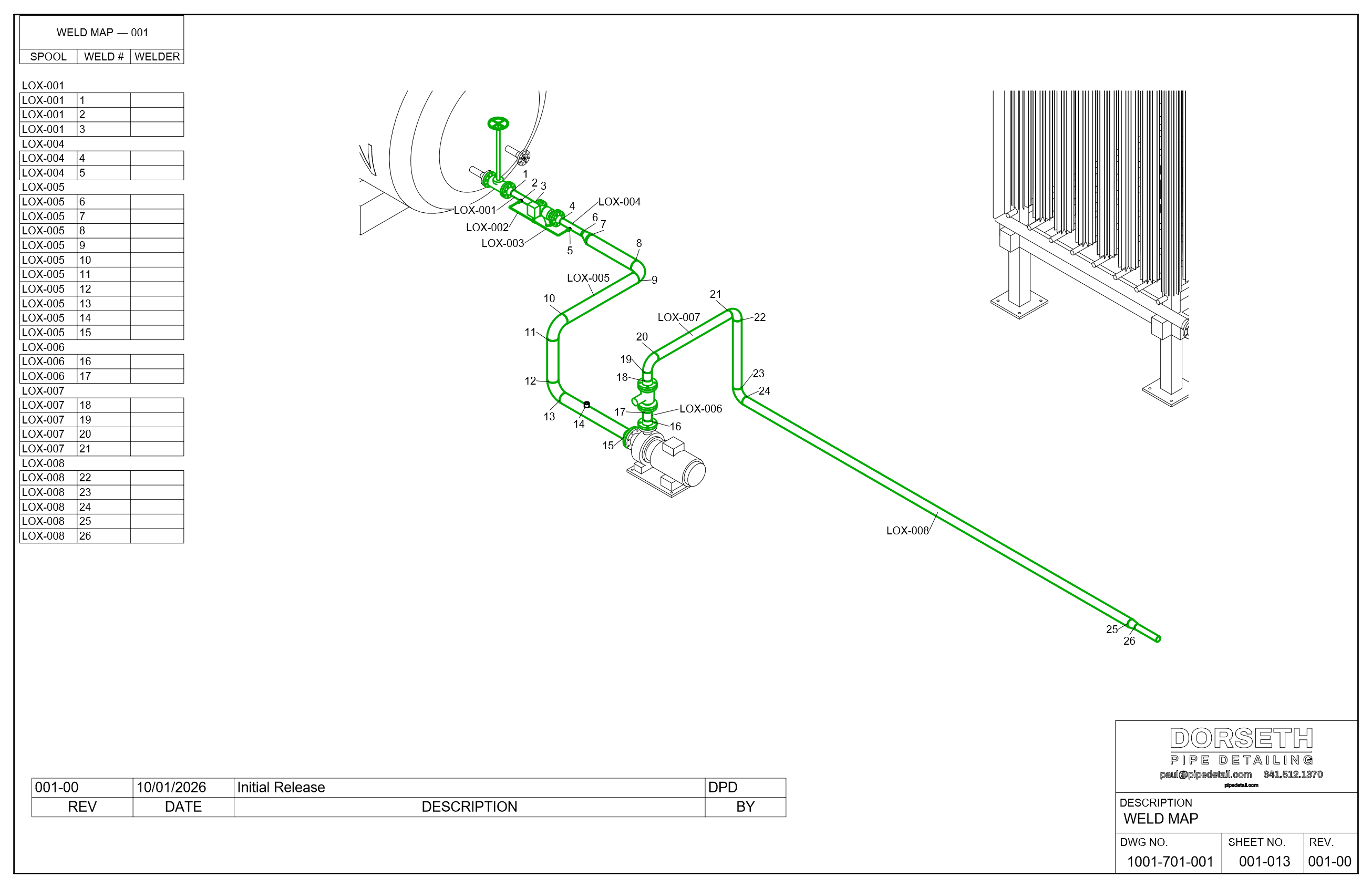 Pipe weld map drawing: one 3D of the whole run with every spool tagged and every weld numbered, beside the weld list by spool